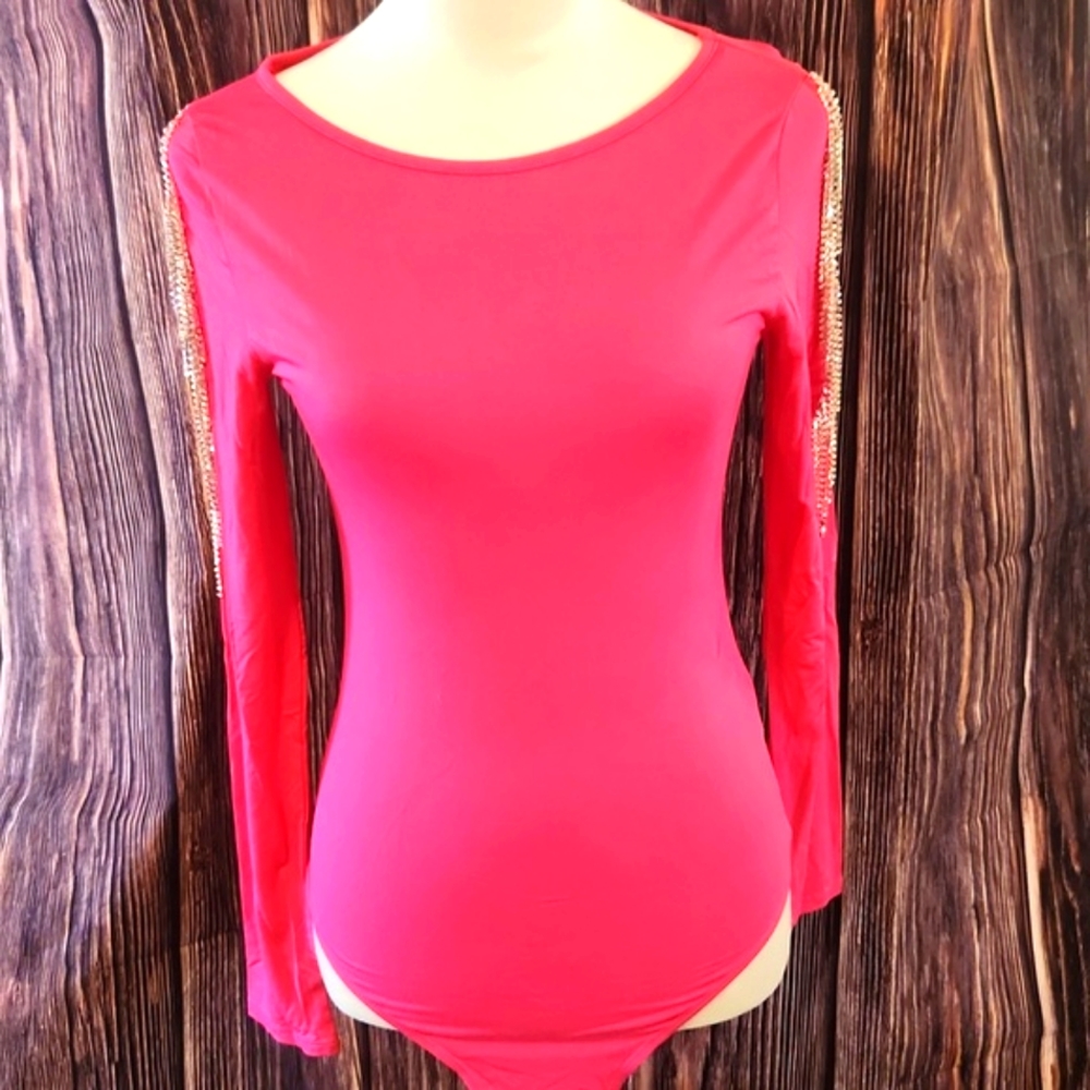 Pink with Rhinestones Open Shoulder Body Suit. Size Medium.  Never Worn